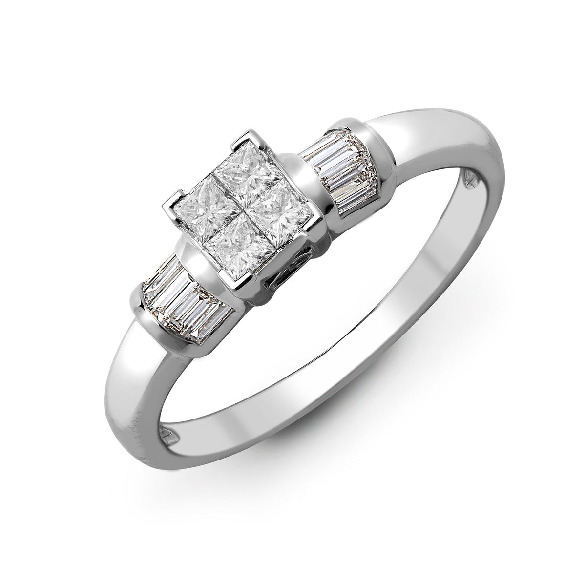 Ring aus 18 Karat Weißgold mit 0,58 Karat natürlichen Diamanten im Princess- und Baguetteschliff