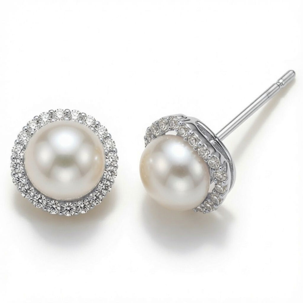 925 Sterling Silver Pearl Cubic Zirconia Halo Stud Earrings