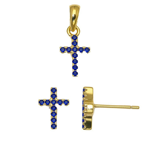 Ohrstecker 925er Sterlingsilber, 14 Karat vergoldet, mit blauen Zirkonia-Kreuzen