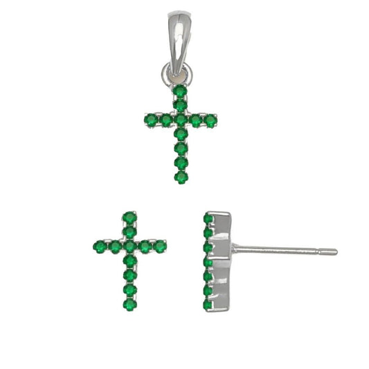 Ohrstecker Kreuz aus 925er Sterlingsilber mit grünen Zirkonia