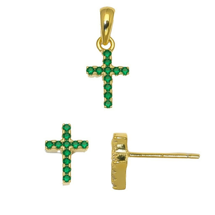 Ohrstecker aus 925er Sterlingsilber, 14 Karat vergoldet, mit grünem Zirkonia-Kreuz