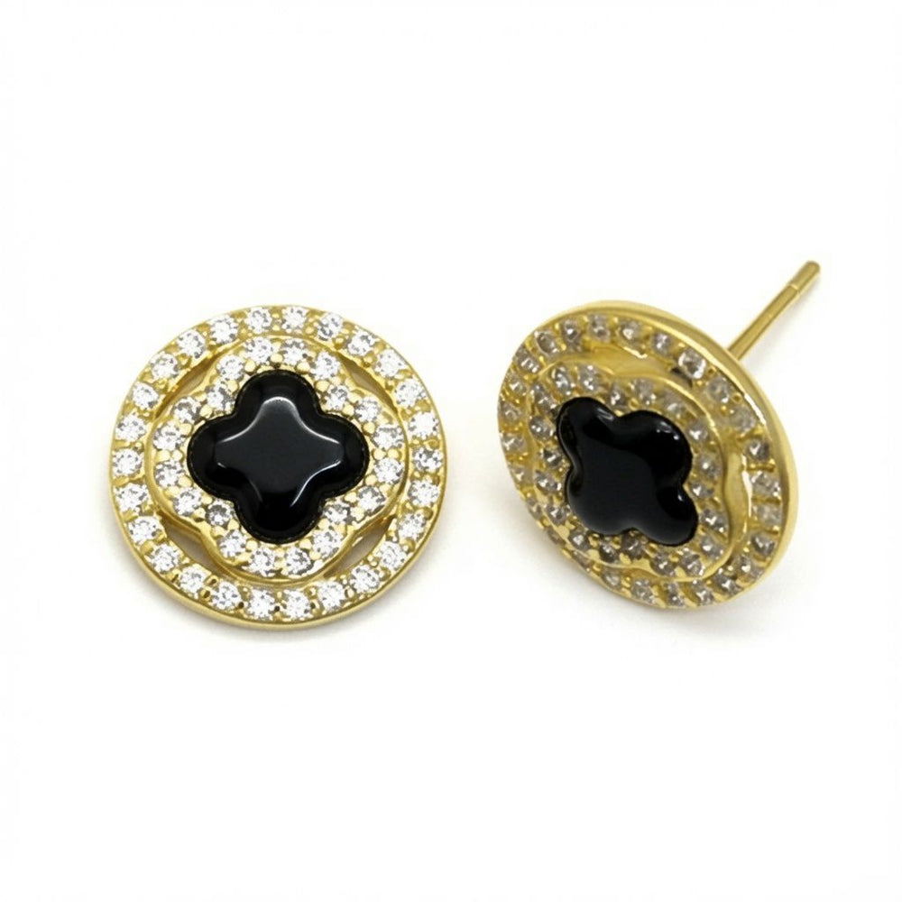 Ohrstecker Kleeblatt aus 925 Sterling Silber 14K vergoldet mit Zirkonia und schwarzem Emaille