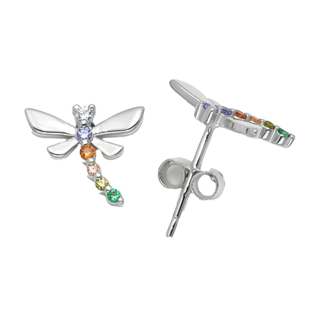 Ohrstecker Libelle aus 925er Sterlingsilber mit Regenbogen-Zirkonia