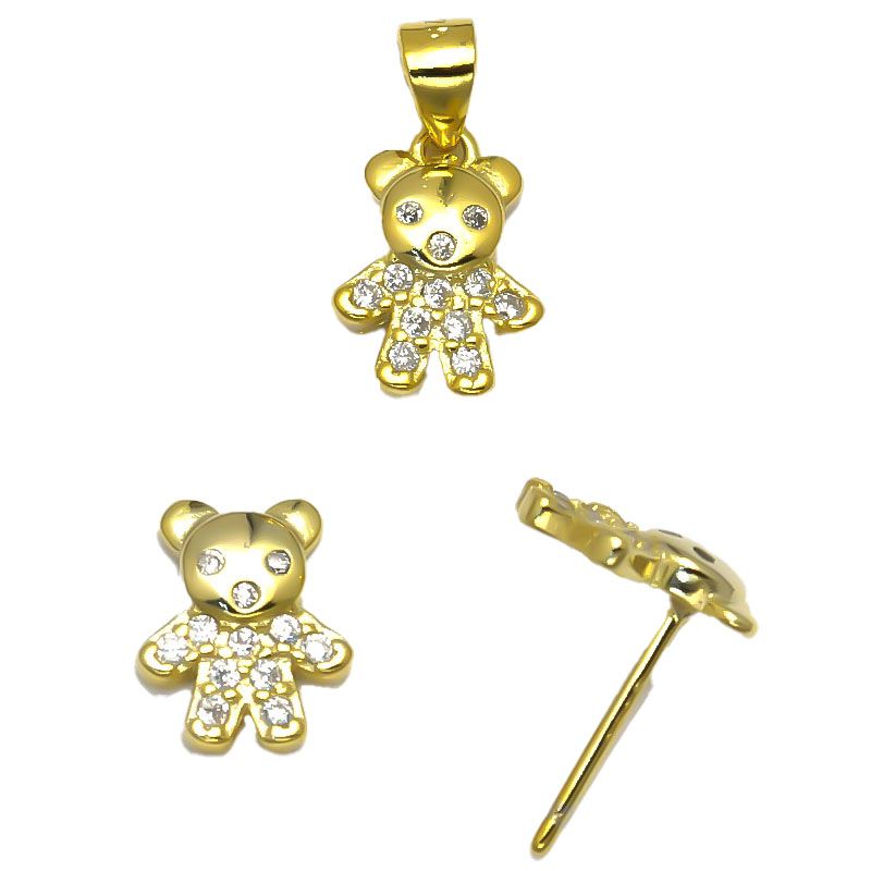 Ohrstecker Teddybär aus 925er Sterlingsilber, 14K vergoldet, mit Zirkonia
