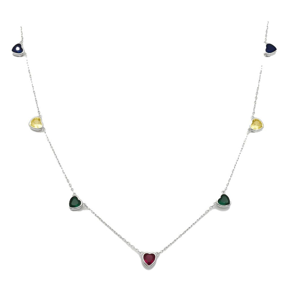 925 Sterling Silver Multi Color Heart Station Necklace