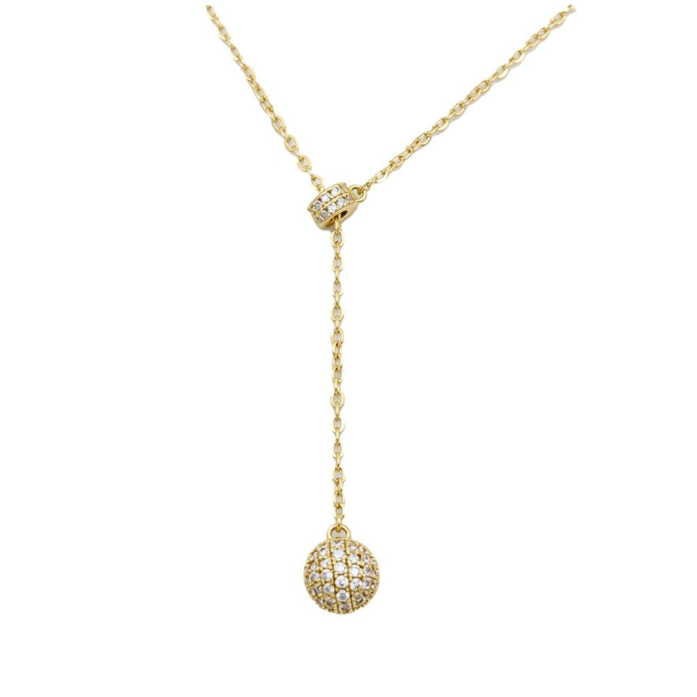 925 Sterling Silver 14K Gold Plated Cubic Zirconia Lariat Ball Necklace