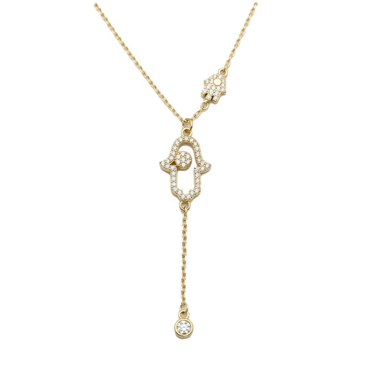 925er Sterlingsilber 14K vergoldete Zirkonia Hamsa Lariat-Halskette