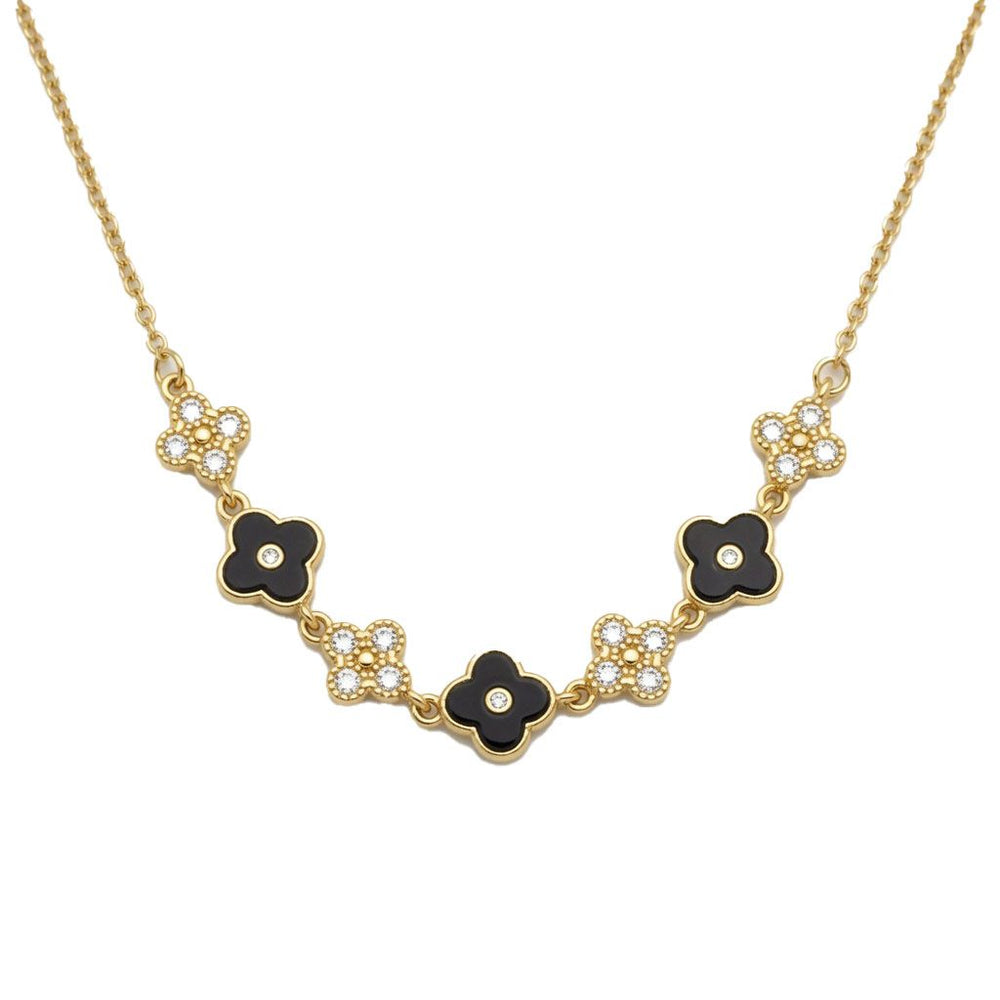925 Sterling Silver 14K Gold Plated Cubic Zirconia Black Enamel Flower Necklace