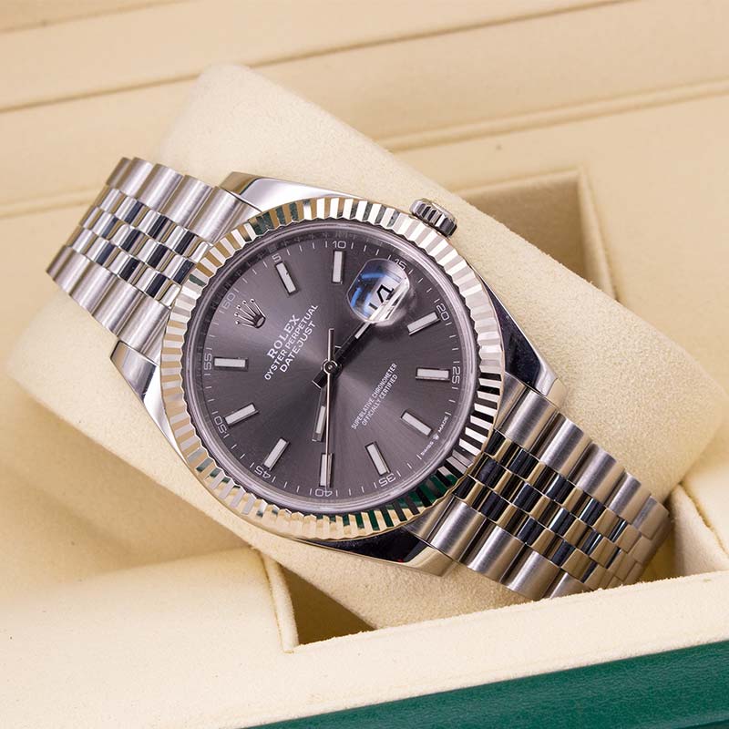 Slate rhodium baton dial on Rolex Datejust 41 reference 126334