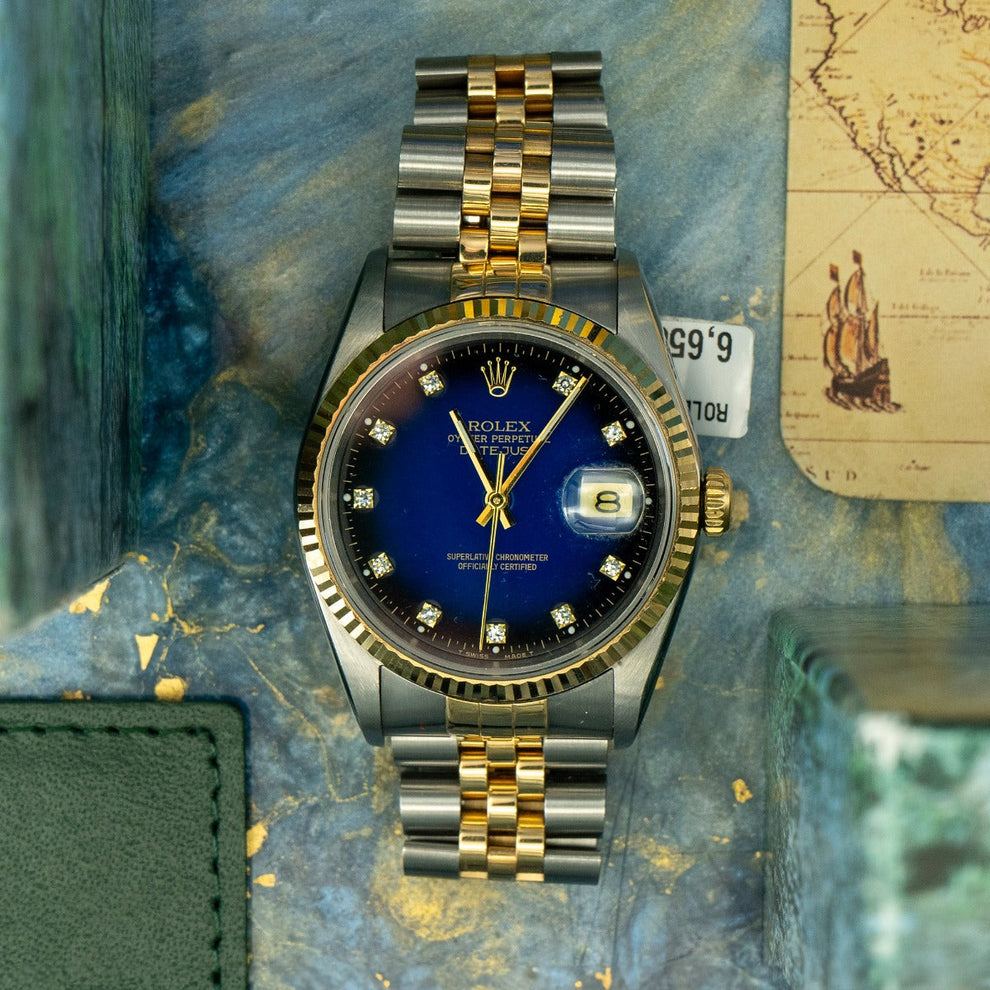 Rolex Datejust 36 16233 Jubilee Bracelet Blue Dial Yellow Gold Pristine Condition Fluted Bezel 36mm Mechanical Watch - product image from Imperial Time ...