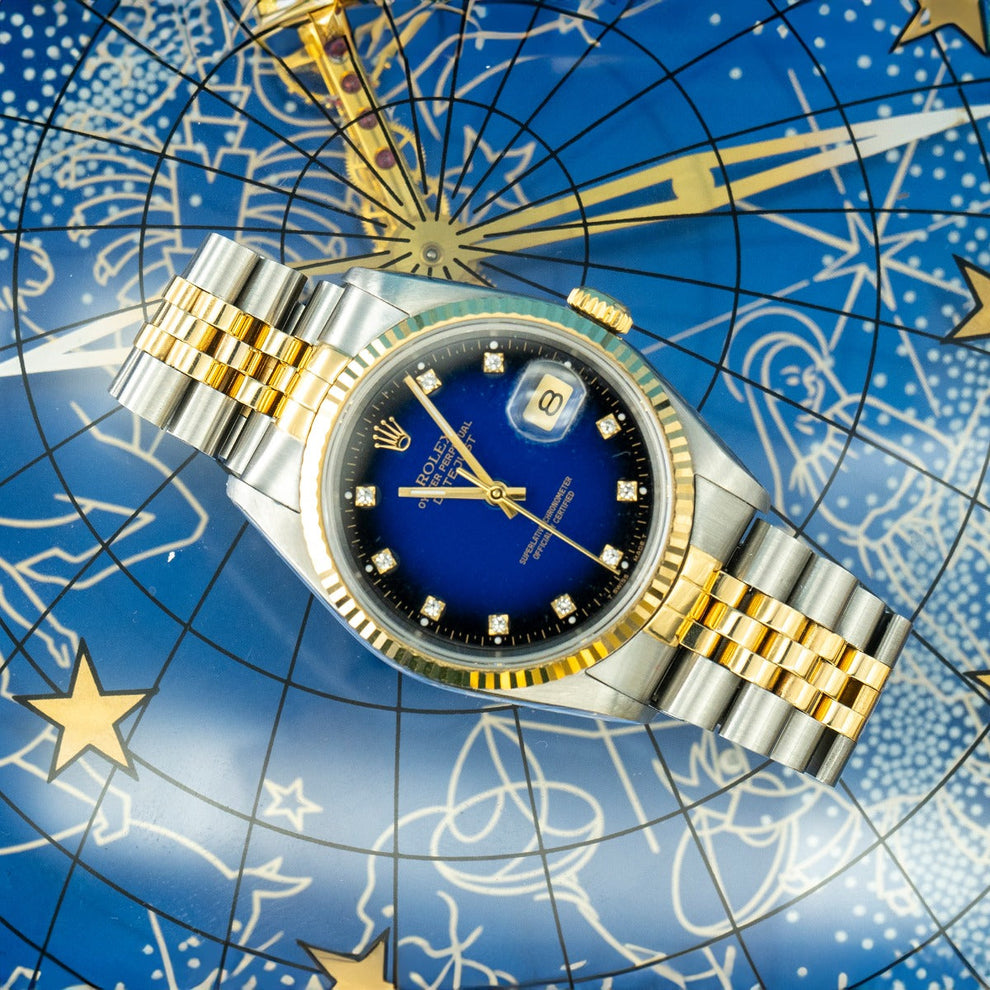 Rolex Datejust 36 16233 Jubilee Bracelet Blue Dial Yellow Gold Pristine Condition Fluted Bezel 36mm Mechanical Watch - product image from Imperial Time ...