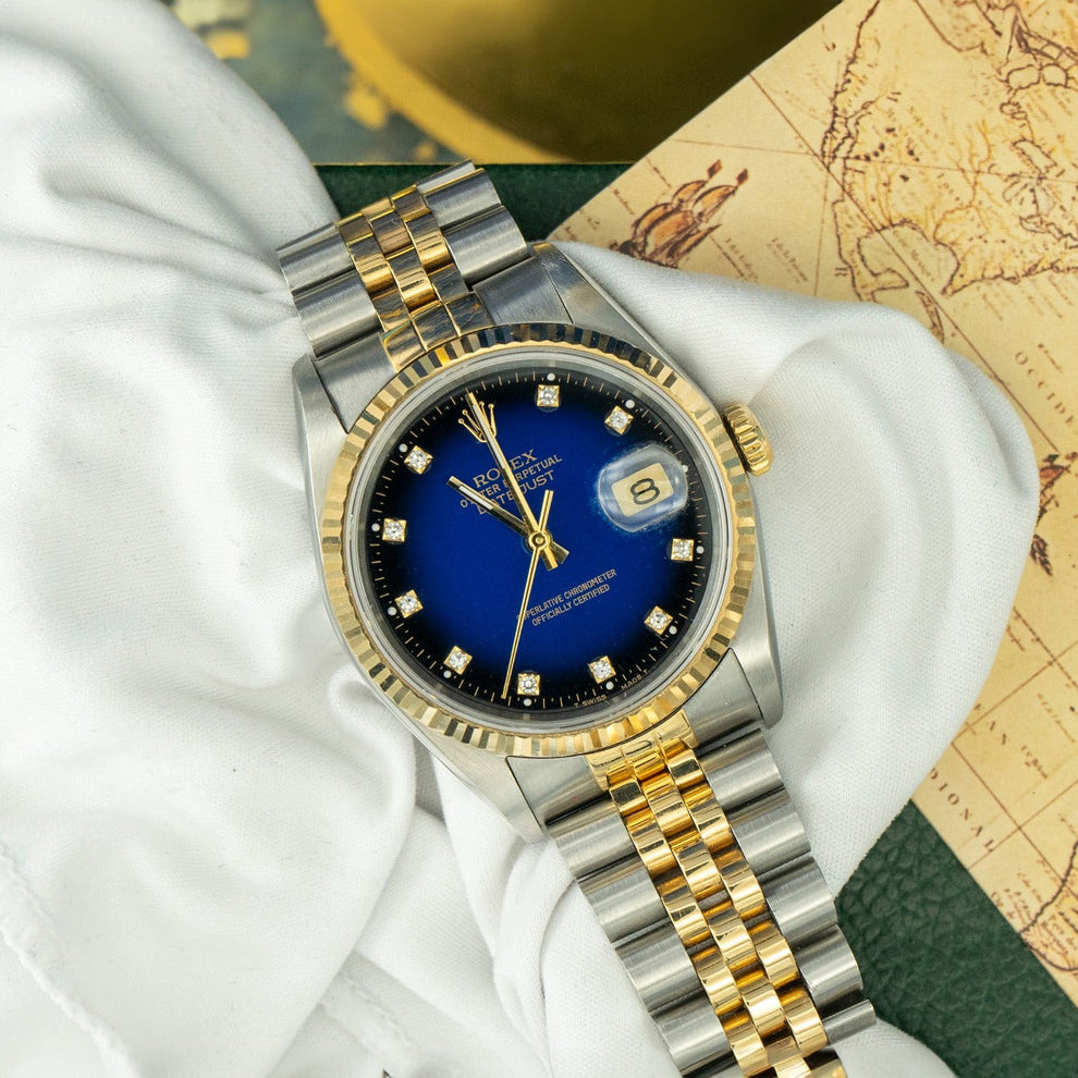 Rolex Datejust 36 16233 Jubilee Bracelet Blue Dial Yellow Gold Pristine Condition Fluted Bezel 36mm Mechanical Watch - product image from Imperial Time ...