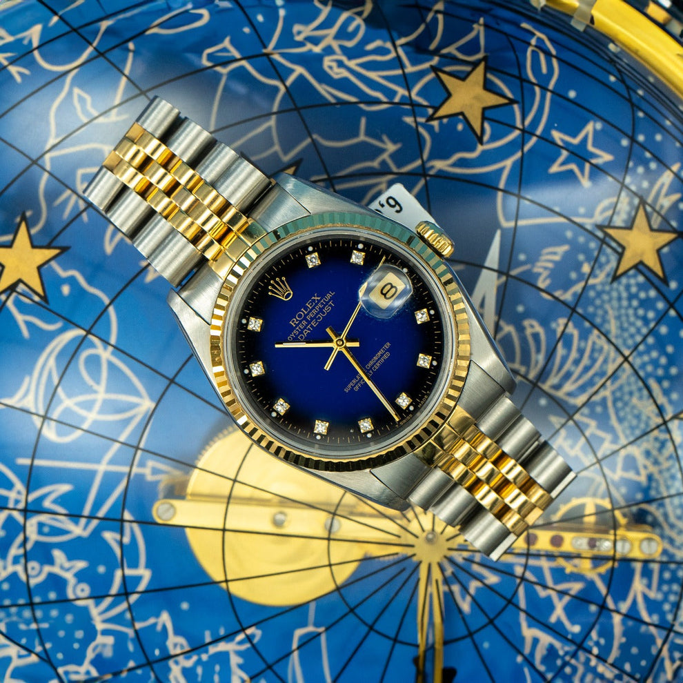 Rolex Datejust 36 16233 Jubilee Bracelet Blue Dial Yellow Gold Pristine Condition Fluted Bezel 36mm Mechanical Watch - product image from Imperial Time ...
