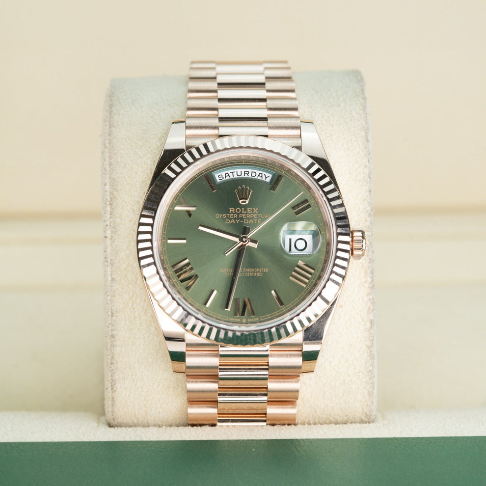 Rolex Day Date 228235 President Bracelet Green Dial Rose Gold 2024 Unworn Condition Fluted Bezel 40 Mm Mechanical Watch - product image from Imperial Tim...