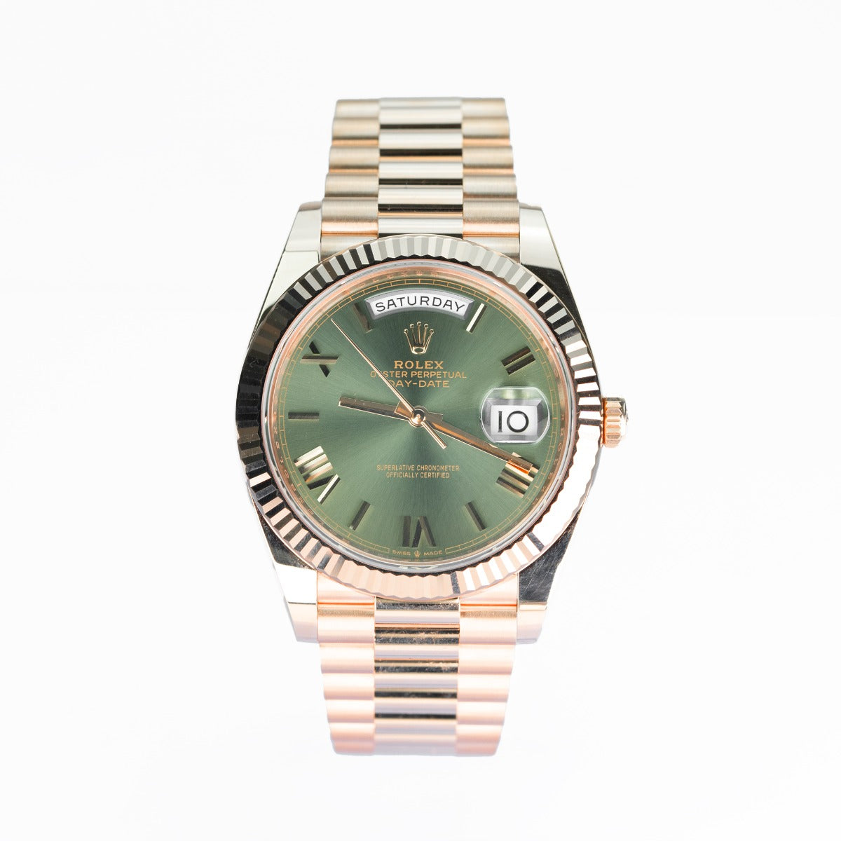 Rolex Day Date 228235 President Bracelet Green Dial Rose Gold 2024 Unworn Condition Fluted Bezel 40 Mm Mechanical Watch - product image from Imperial Tim...