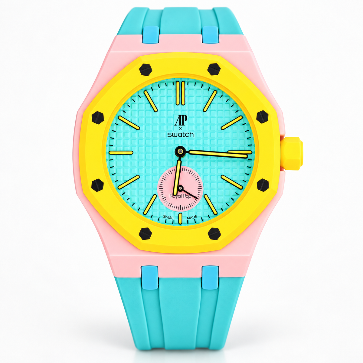 Front view of Royal Pop OTG ROZ with teal dial, yellow bezel and teal rubber strap