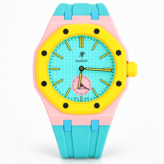 Front view of Royal Pop OTG ROZ with teal dial, yellow bezel and teal rubber strap
