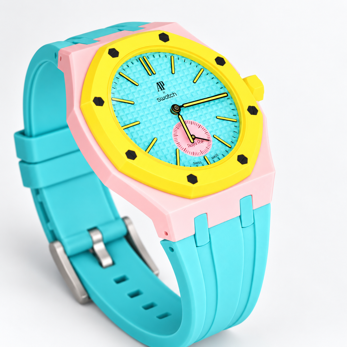 Swatch x Audemars Piguet Royal Pop OTG ROZ SSX03J100N with pink case and teal rubber strap