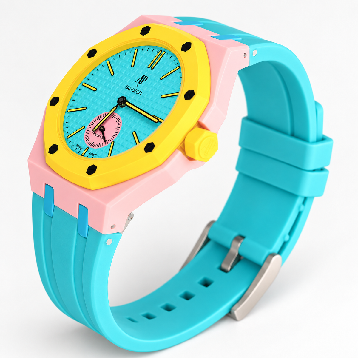 Three-quarter view of Swatch Royal Pop OTG ROZ pink case and teal rubber strap