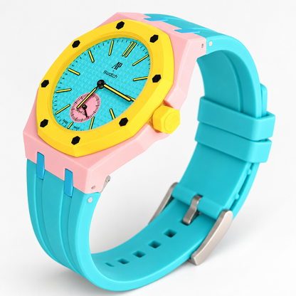Three-quarter view of Swatch Royal Pop OTG ROZ pink case and teal rubber strap