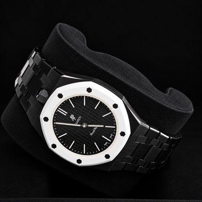 OCHO NEGRO SSX03W101N three-quarter view with black metal bracelet and white octagonal bezel