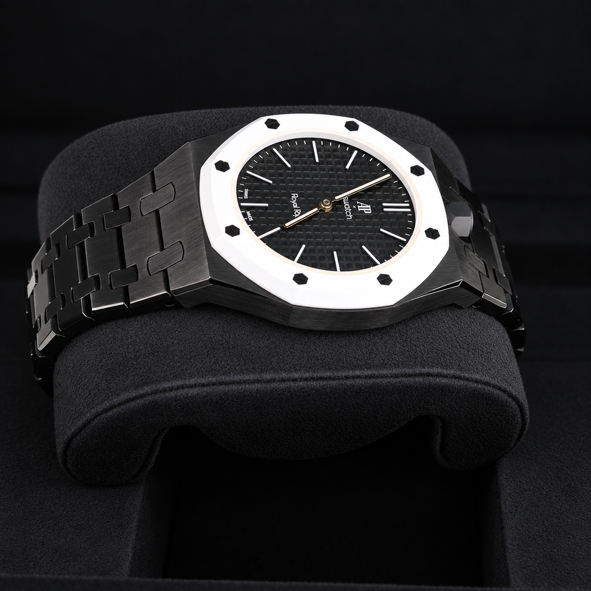 Swatch Royal Pop OCHO NEGRO SSX03W101N angled view with white bezel and black metal case