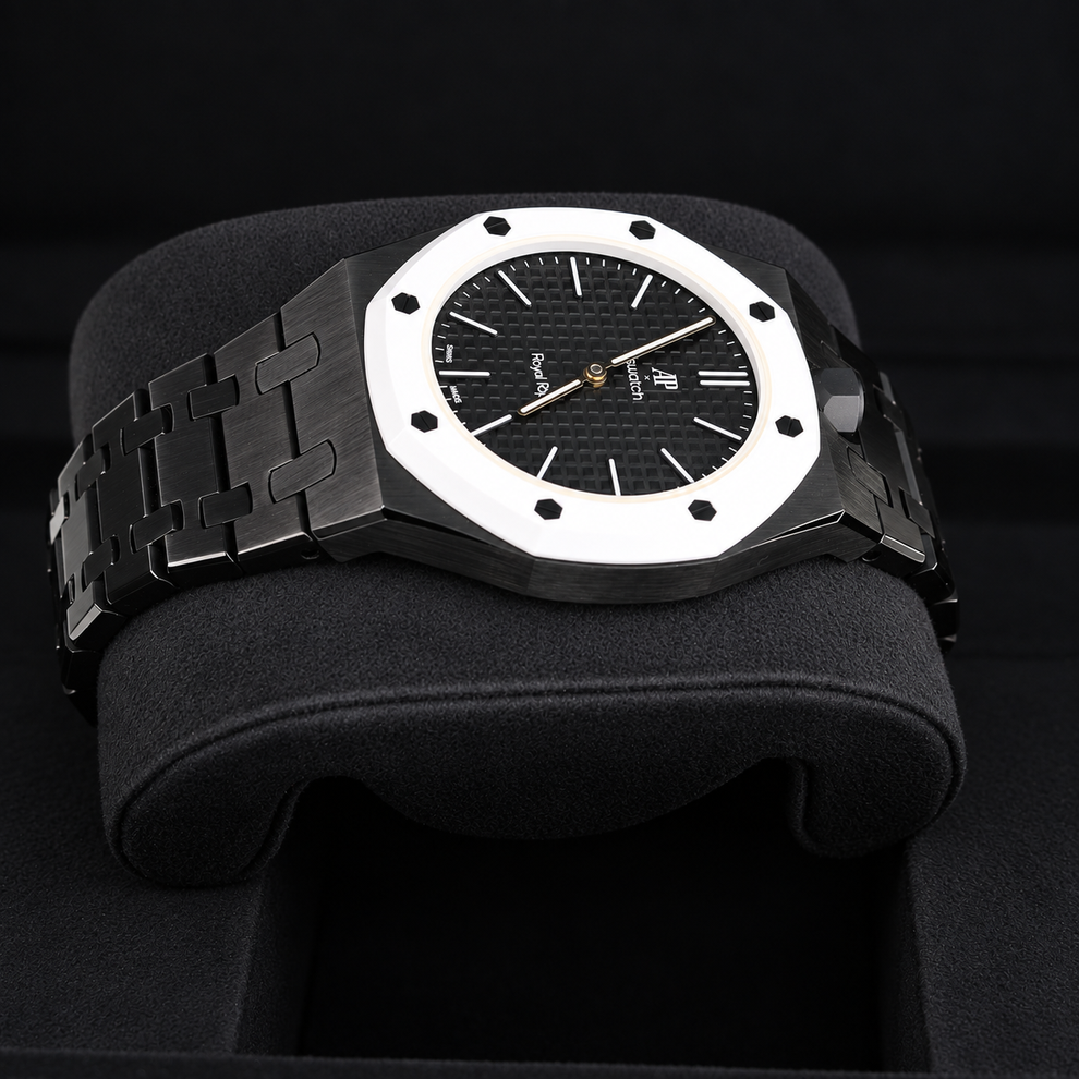 Swatch Royal Pop OCHO NEGRO SSX03W101N angled view with white bezel and black metal case