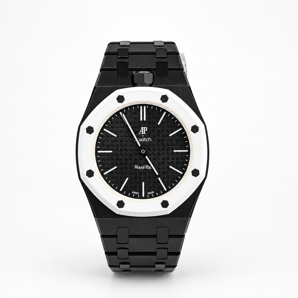 Swatch x Audemars Piguet Royal Pop OCHO NEGRO SSX03W101N with black metal case and bracelet front view