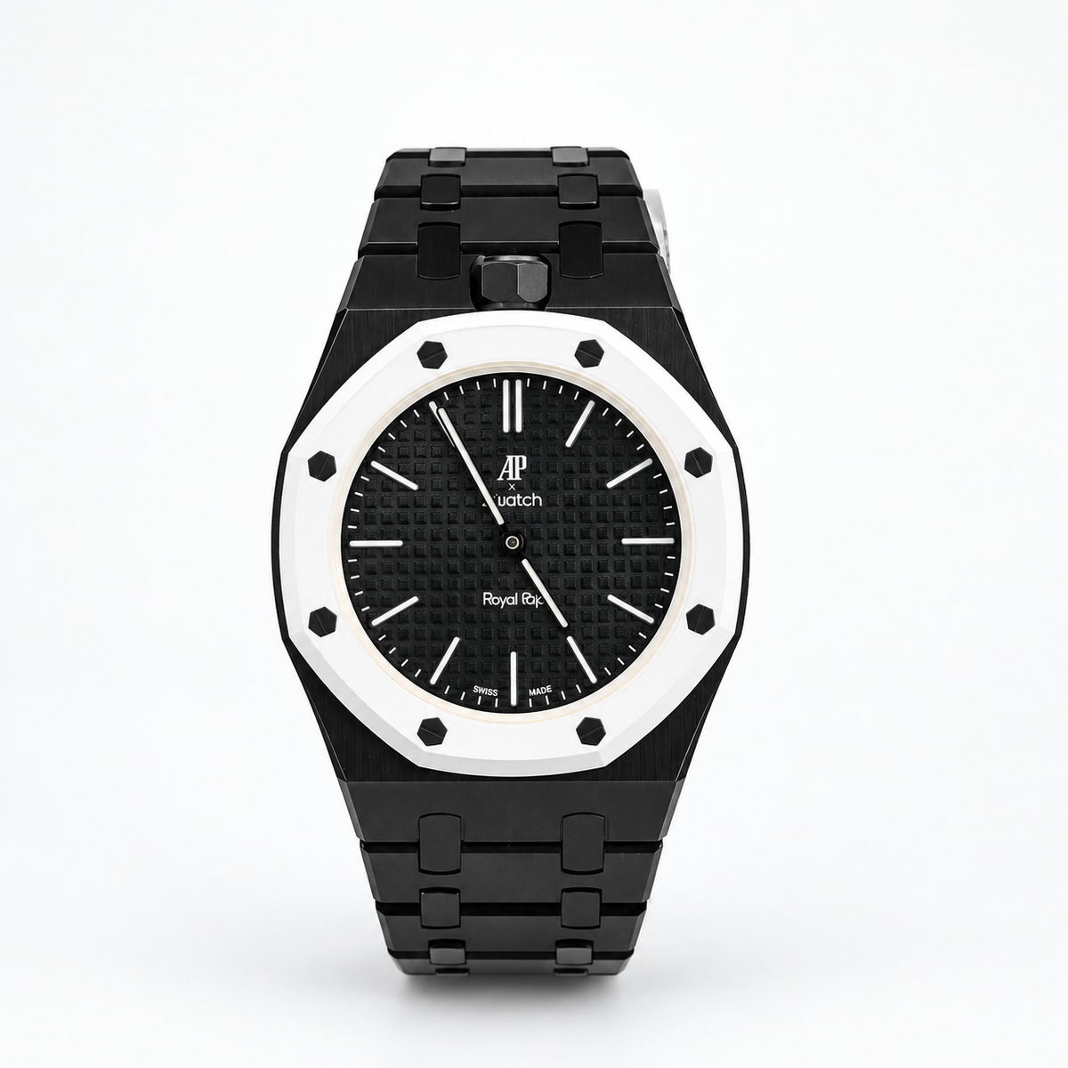 Swatch x Audemars Piguet Royal Pop OCHO NEGRO SSX03W101N with black metal case and bracelet front view