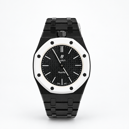 Swatch x Audemars Piguet Royal Pop OCHO NEGRO SSX03W101N with black metal case and bracelet front view