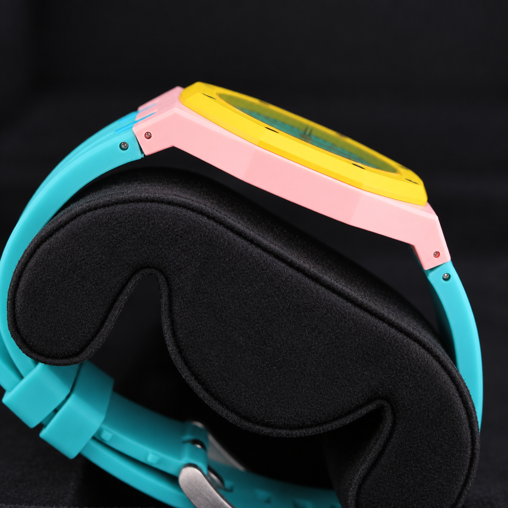 Side profile of Swatch Royal Pop OTG ROZ pink wrist case
