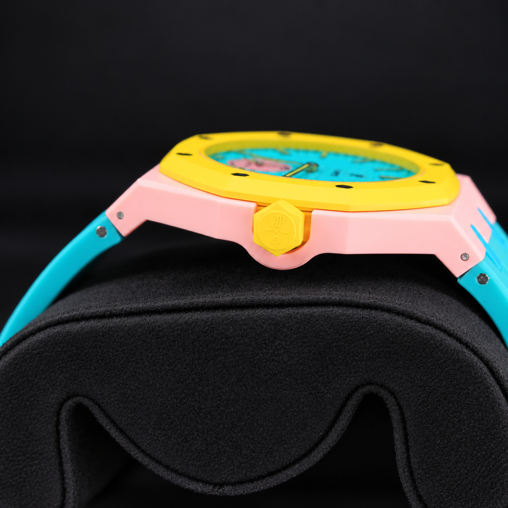 Crown-side profile of OTG ROZ showing yellow crown and pink case