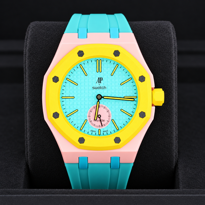 Royal Pop OTG ROZ front view on black cushion showing teal tapisserie dial