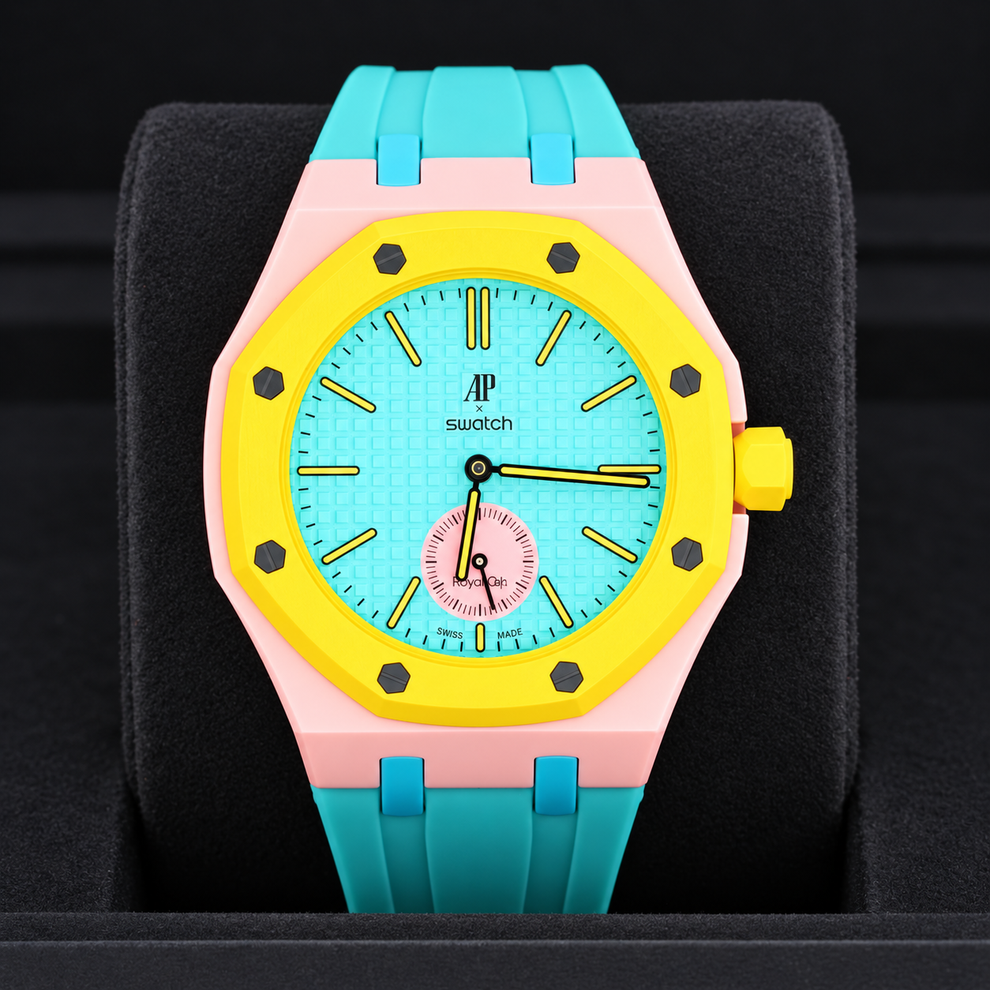 Royal Pop OTG ROZ front view on black cushion showing teal tapisserie dial
