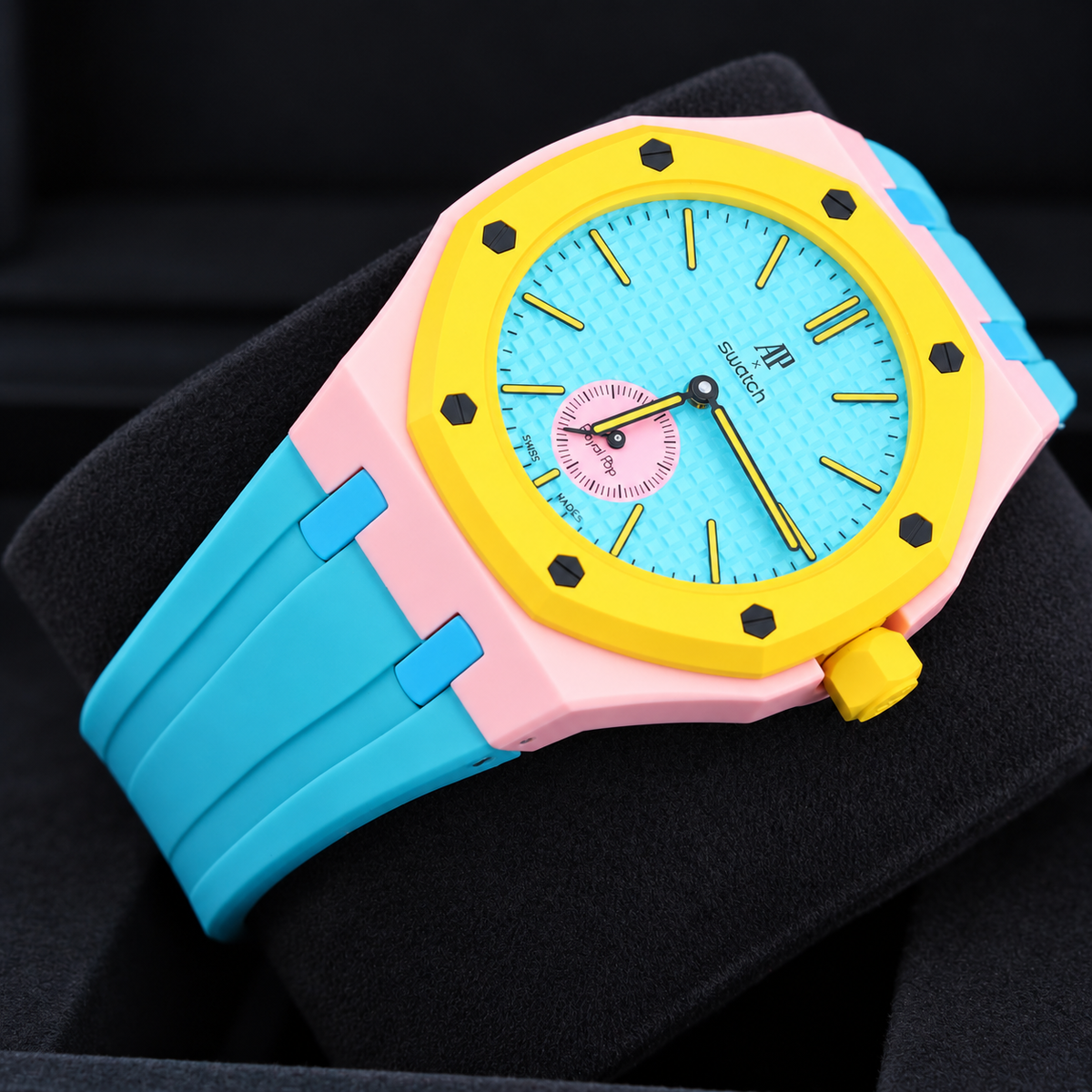 Swatch OTG ROZ pink Bioceramic wrist configuration with teal rubber strap