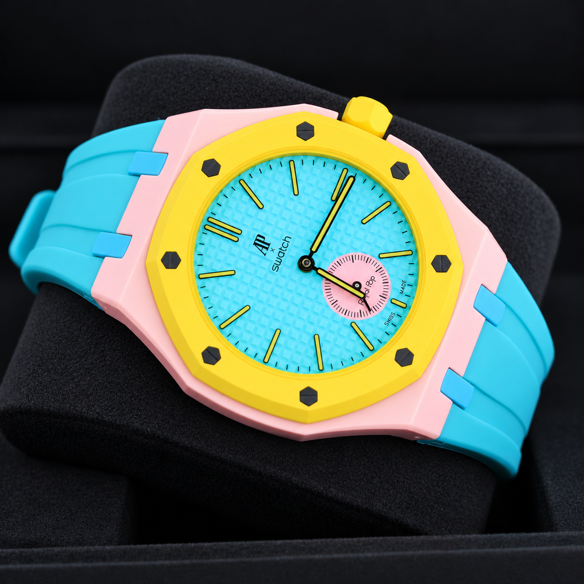 Angled view of OTG ROZ SSX03J100N with fitted teal rubber wrist strap