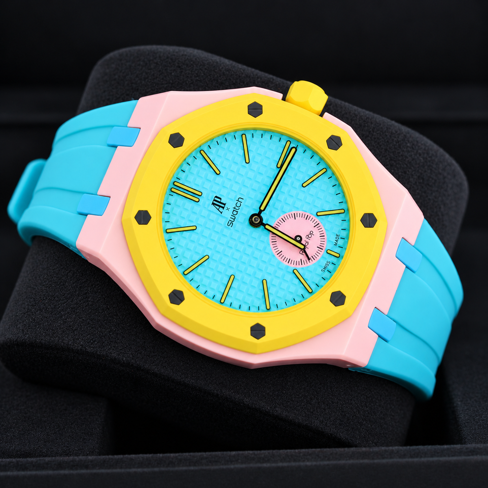 Angled view of OTG ROZ SSX03J100N with fitted teal rubber wrist strap