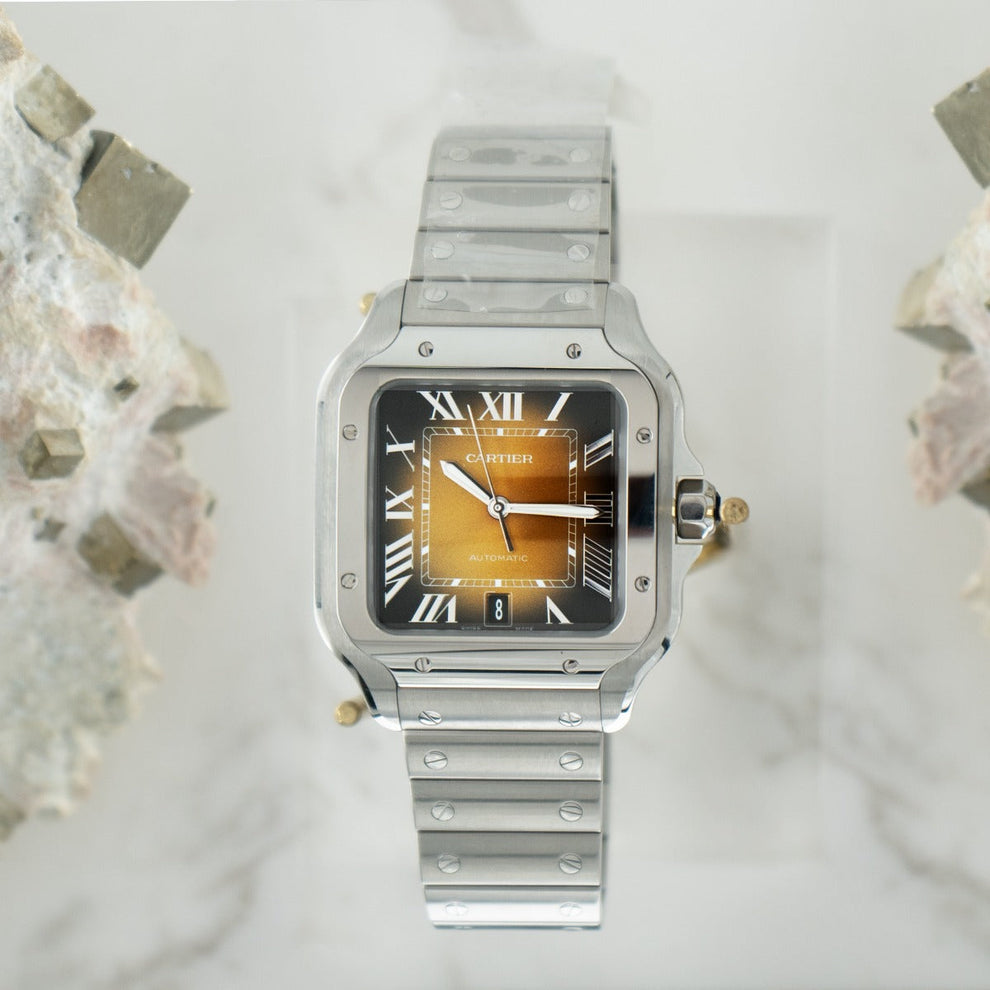 nan cartier santos wssa0065 large brown dial 2024 interchangeable leather strap - product image from Imperial Time UK Ltd