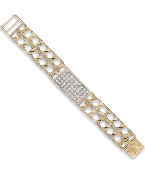 Yellow Gold Plain & Bark Casted Curb Baby Cubic zirconia ID Bracelet