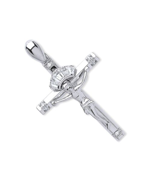 White Gold Cubic Zirconia Baguettes & Round Crucifix CX0208