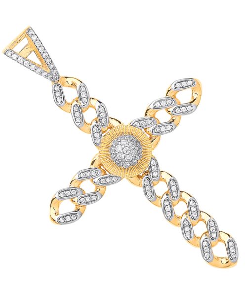 Y & White Gold Large Round Charm Cubic Zirconia Curb Link Cross CX0231