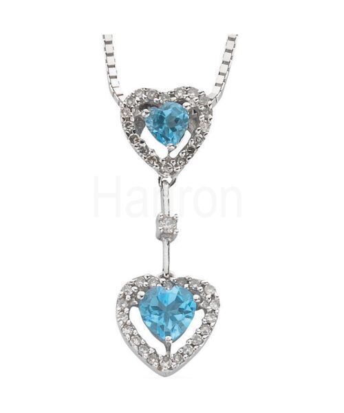 9ct White Gold Diamond & Blue Topaz Heart Drop Pendant with 18in/45cm Chain