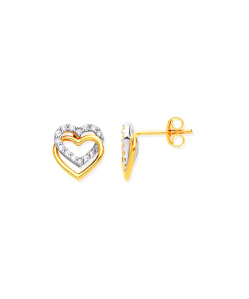 Yellow Gold Double Hearts, Plain & Cubic Zirconia's Stud Earrings ER1598