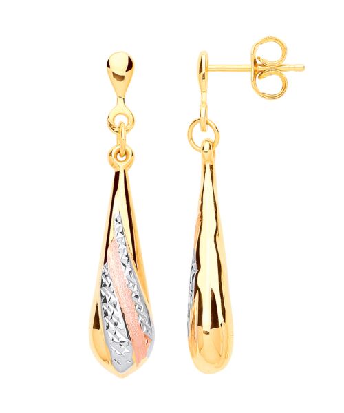 Yellow Gold, RG Satin Finish, WG Ribbed Drop Earrings ER1651