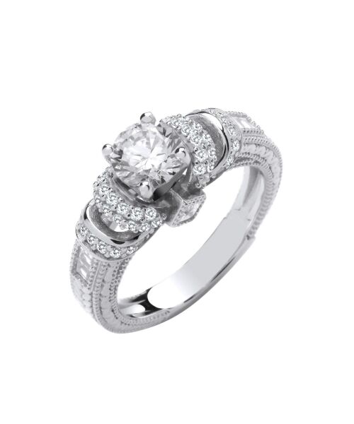 Silver Vintage Look, Milgrain Shank Solitaire Cubic zirconia Ring