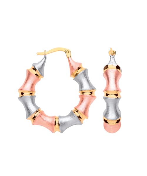 Yellow Gold Three Colour Bamboo Frosted Hoops ER1783
