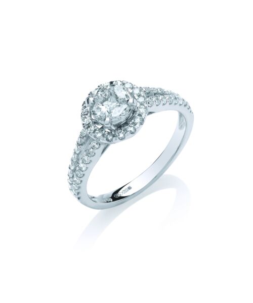 18ct WG 0.66ct Halo Style Split Shank Diamond Ring
