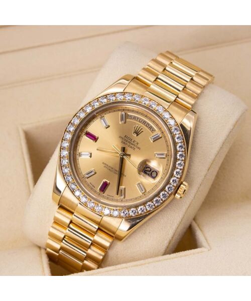 Rolex Day Date II 218348 Factory Diamond Bezel and Ruby Markers
