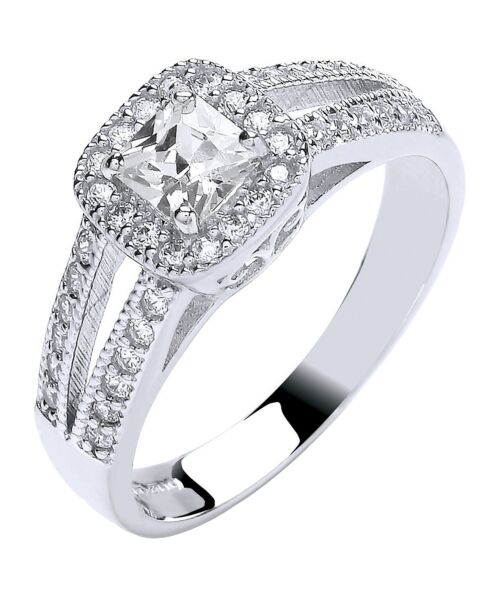 White Gold Ladies Princess Centre Split Shank Cubic zirconia Ring
