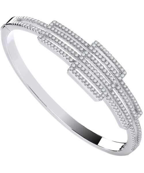 Silver Cz Rectangles Fancy Ladies Hinged Bangle